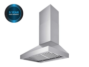 Victory Twister 36 Inch Wall Mount Range Hood angled view with stainless steel chimney, baffle filters, LED lights and 5-year parts warranty badge