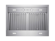 Victory Twister 36 Inch Wall Mount Range Hood underside view with stainless steel baffle filters, mechanical rotary knobs and LED lights