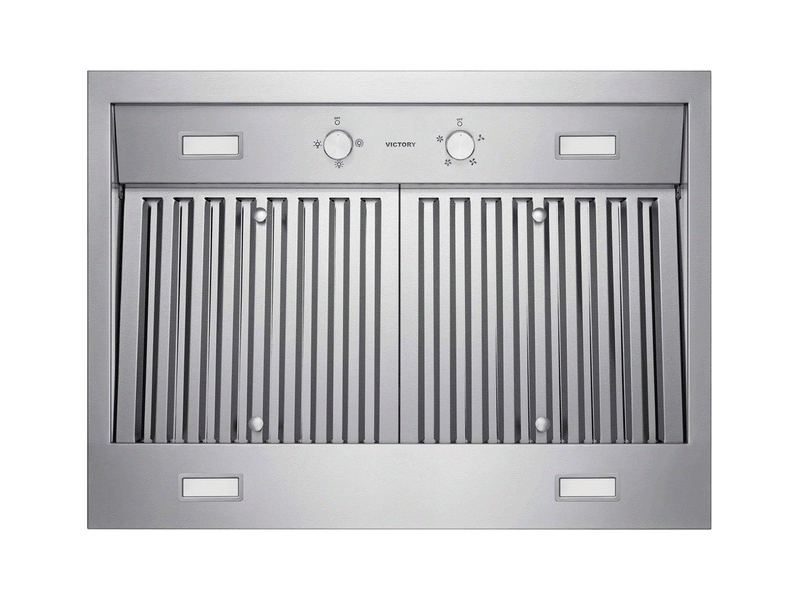 Victory Twister 36 Inch Wall Mount Range Hood underside view with stainless steel baffle filters, mechanical rotary knobs and LED lights