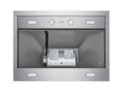 Victory Twister 36 Inch Wall Mount Range Hood interior view with filters removed, showing stainless steel hood body, rotary knobs and LED lights