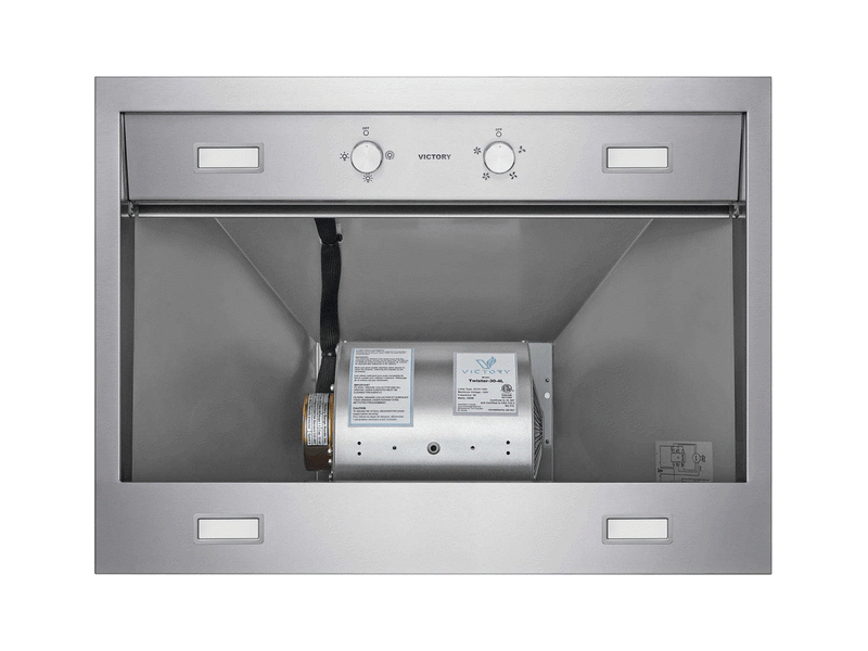 Interior view of the Victory TwisterMAX showing the open filter area, LED lights, rotary controls and stainless steel hood body