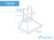 Technical diagram of VICTORY Elegant 36 Inch Wall Mounted Range Hood showing chimney height, 6-inch transition, canopy dimensions, and available sizes
