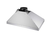 Top rear view of VICTORY Elegant 36 Inch Wall Mounted Range Hood showing pyramid canopy, duct collar, wiring, and metal housing