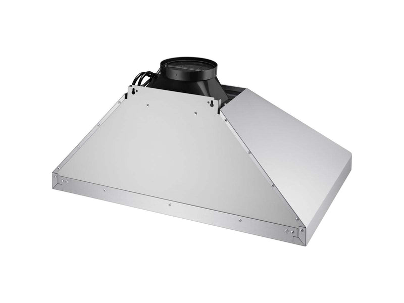 Top rear view of VICTORY Elegant 36 Inch Wall Mounted Range Hood showing pyramid canopy, duct collar, wiring, and metal housing