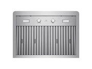 Underside view of VICTORY Elegant hood showing stainless baffle filters, two LED lights, mechanical control knobs, and rounded frame edges
