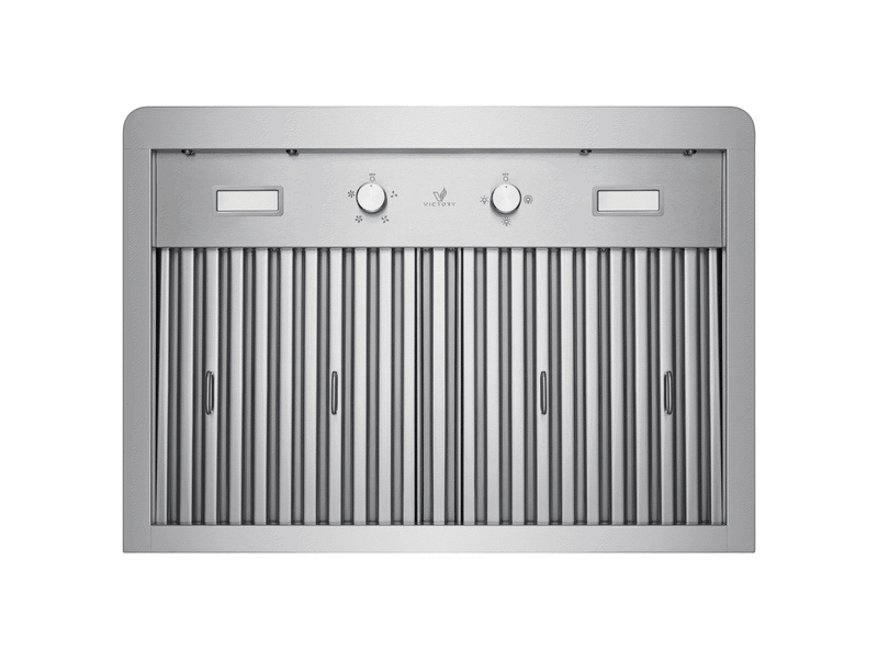 Underside view of VICTORY Elegant hood showing stainless baffle filters, two LED lights, mechanical control knobs, and rounded frame edges