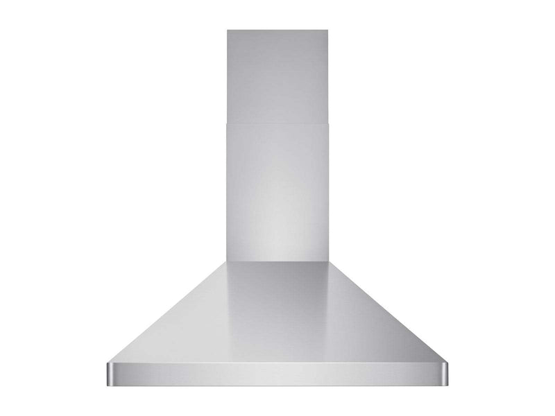 Front exterior view of VICTORY Elegant wall mounted range hood with stainless chimney and pyramid canopy