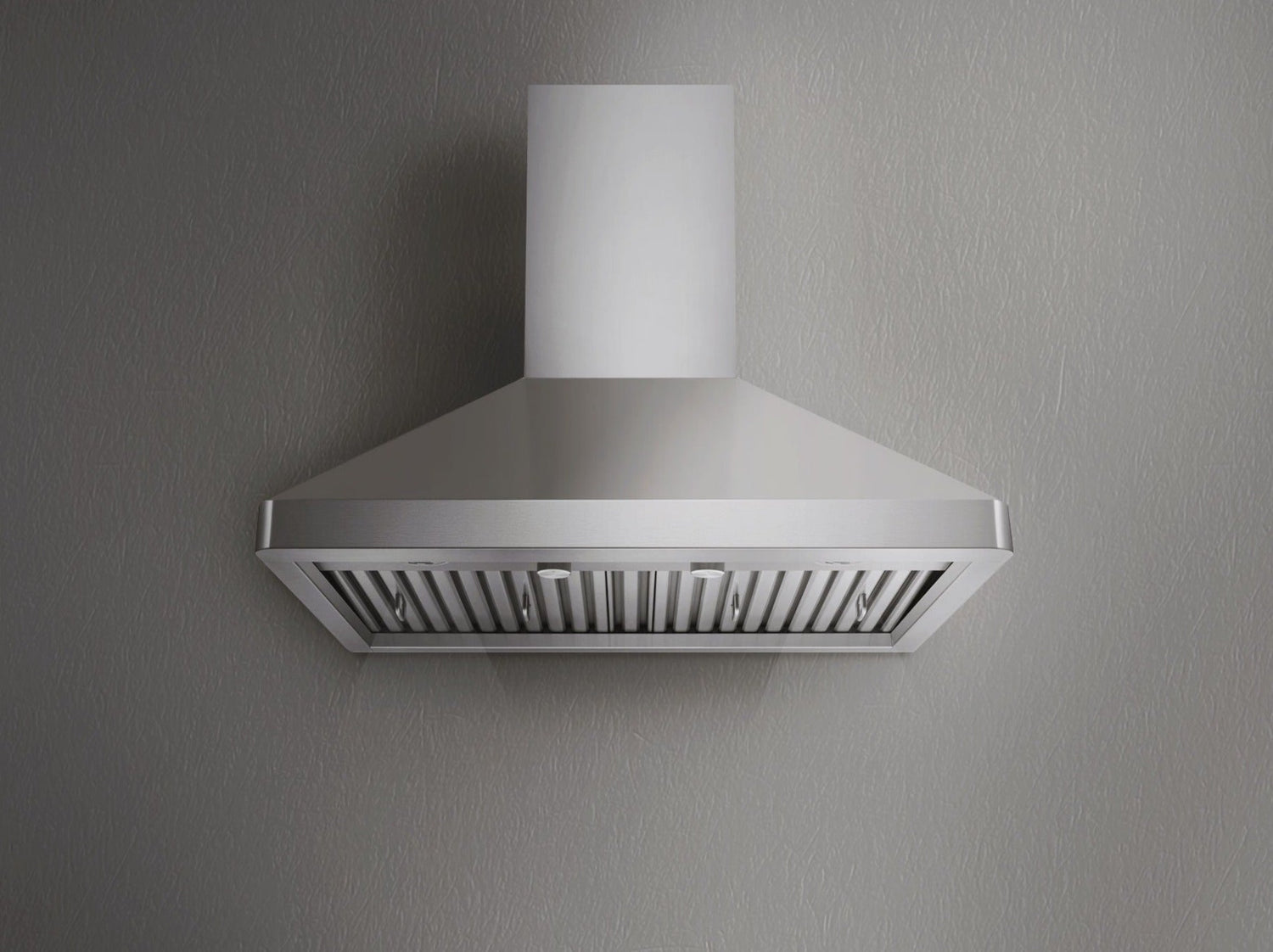 Underside view of the Victory Elegant range hood with mechanical rotary knob controls and dishwasher-safe stainless steel baffle filters