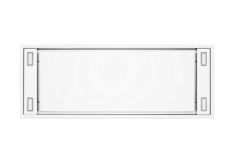 Symmetrical underside of a matte white Victory Horizon range hood featuring perimeter suction and four LED light panels.