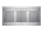 Bottom view of the VICTORY Hurricane range hood showing three dishwasher safe stainless steel baffle filters, mechanical rotary switches, and LED lights