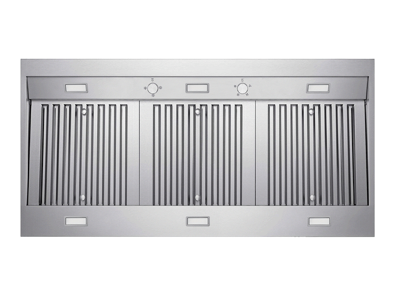 Bottom view of the VICTORY Hurricane range hood showing three dishwasher safe stainless steel baffle filters, mechanical rotary switches, and LED lights