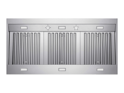 Bottom view of the VICTORY Hurricane range hood showing three dishwasher safe stainless steel baffle filters, mechanical rotary switches, and LED lights
