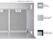 Bottom view of the wireless flush ceiling mount range hood detailing mesh filters, LED lights, and stainless steel door