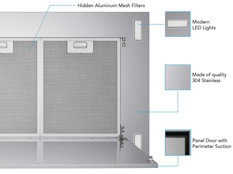Bottom view of the wireless flush ceiling mount range hood detailing mesh filters, LED lights, and stainless steel door