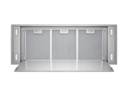 Underside view of the Horizon ventilation unit with its stainless steel panel open, revealing three aluminum mesh filters for easy cleaning.