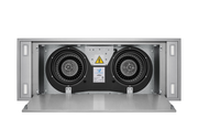 Internal view of the Horizon ventilation unit with its panel open, showing the dual-motor blower system for powerful kitchen air extraction.