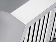 Close up view of the VICTORY Hurricane range hood highlighting the smooth corners and premium 304 grade stainless steel finish