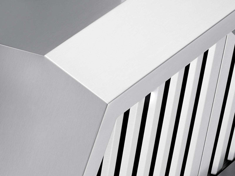 Close up view of the VICTORY Hurricane range hood highlighting the smooth corners and premium 304 grade stainless steel finish