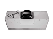 Top down view of the VICTORY Hurricane range hood displaying the top exhaust duct transition and electrical power cord