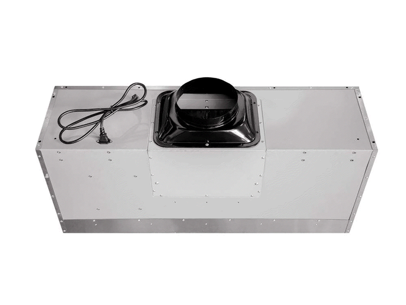 Top down view of the VICTORY Hurricane range hood displaying the top exhaust duct transition and electrical power cord