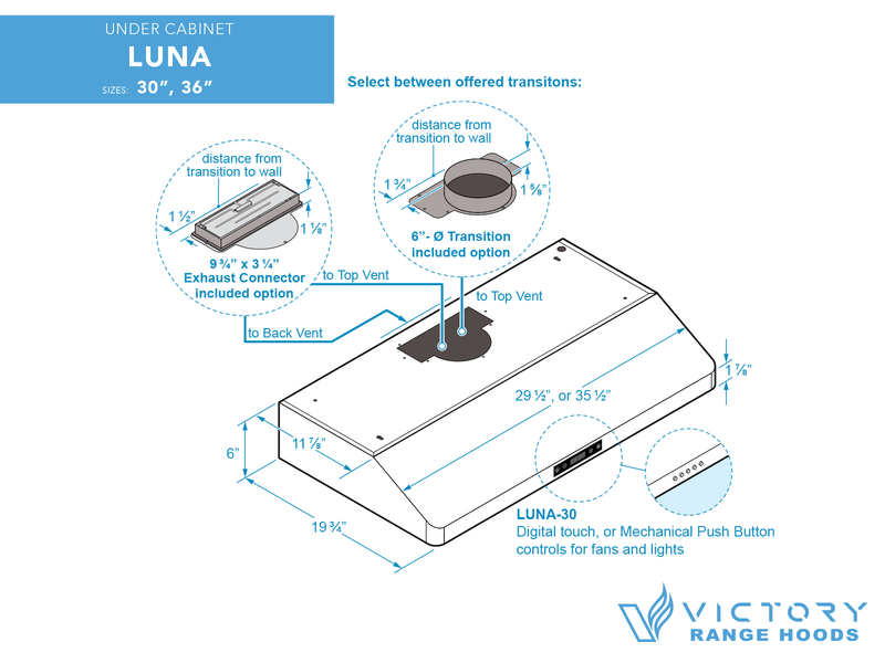 Technical dimensions diagram for Victory Luna 30 Inch 600 CFM range hood