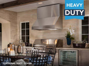 Heavy duty Victory Prestige outdoor grill hood installed with an optional stainless steel duct cover in a patio kitchen
