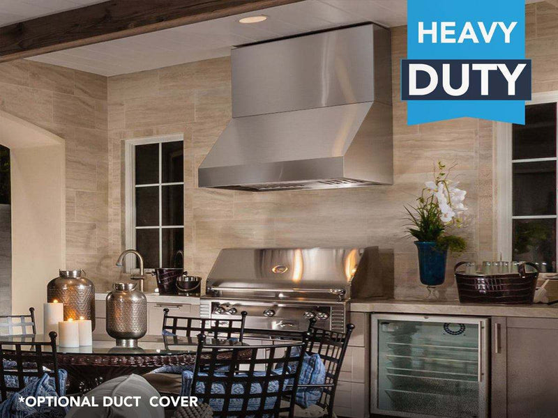 Heavy duty Victory Prestige outdoor grill hood installed with an optional stainless steel duct cover in a patio kitchen