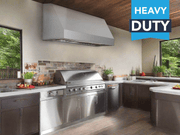 Lifestyle installation of the VICTORY Prestige 60-Inch wall-mounted hood in a professional outdoor kitchen setting