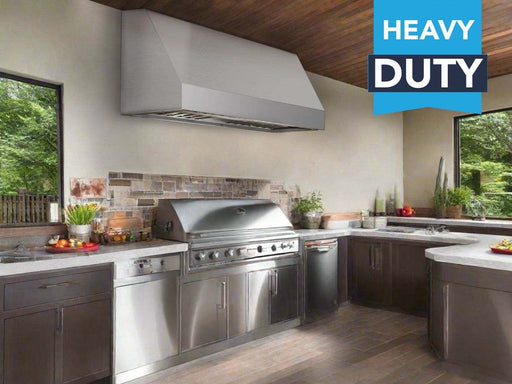 The Victory Prestige 42 inch 2300 CFM BBQ range hood mounted above a large stainless steel grill in a covered outdoor kitchen