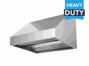 Bottom view of the heavy duty stainless steel Victory Prestige 42 inch 2300 CFM BBQ range hood showing baffle filtersch 2300 CFM BBQ Range Hood VICTORY Prestige stainless steel with dual blowers and LED lights
