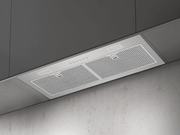 A modern kitchen featuring the VICTORY Q1 range hood insert installed flush inside a dark grey cabinet for a seamless look