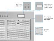 Infographic of the Victory Q1 insert highlighting its 304 stainless steel construction, backlit push buttons, dimmable LED lights, and washable honeycomb filters
