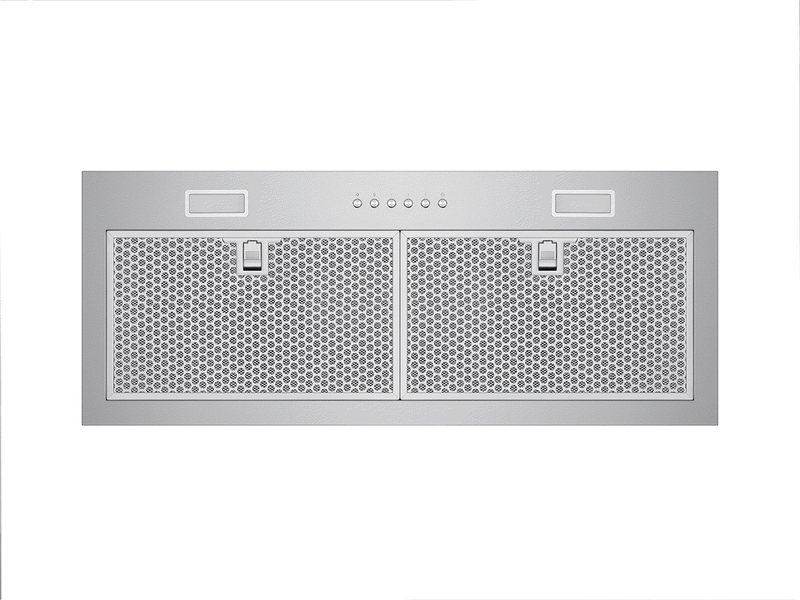 Underside view of Victory Q1 30 Inch 600 CFM Range Hood with bright LED task lighting and two stainless steel honeycomb filters