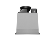 Side profile of Victory Q1 range hood insert with compact stainless steel housing and top-mounted duct connection for standard cabinet depth