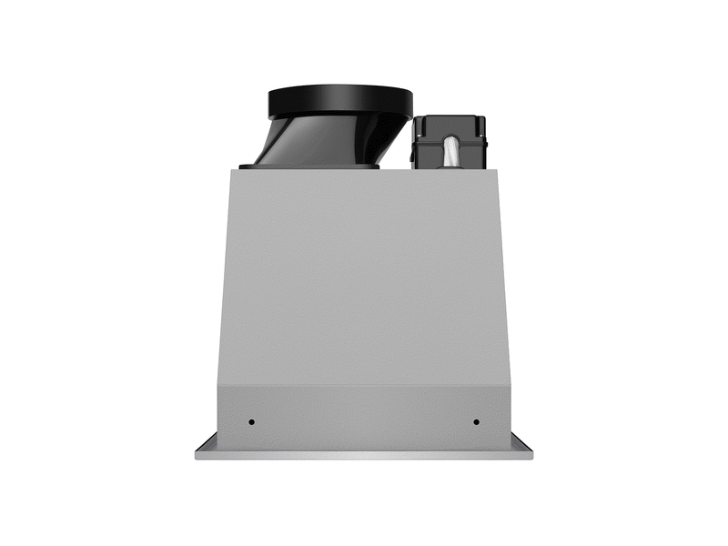 Side profile of Victory Q1 range hood insert with compact stainless steel housing and top-mounted duct connection for standard cabinet depth