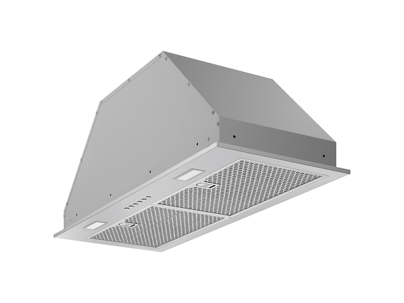 Side view of Victory Q1 30 Inch 600 CFM Range Hood with slim stainless steel insert profile for 12" deep kitchen cabinets
