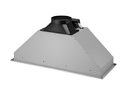 Top perspective of a 27 Inch 600 CFM Range Hood insert highlighting the powerful all-metal motor housing and duct transition, built for efficient airflow and reliable performance in modern kitchens