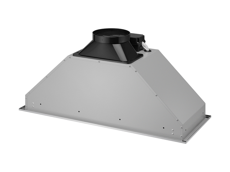 Top perspective of a 27 Inch 600 CFM Range Hood insert highlighting the powerful all-metal motor housing and duct transition, built for efficient airflow and reliable performance in modern kitchens