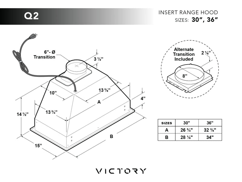 30 Inch 700 CFM Range Hood Insert - VICTORY Q2