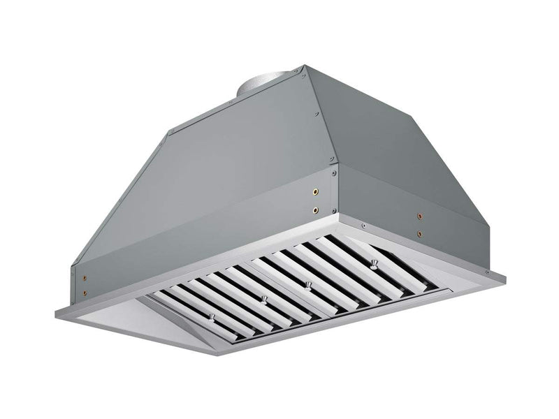 Angled bottom view of the VICTORY Q2 showing stainless steel baffle filters and front-mounted LED lights for full cooktop coverage and professional performance