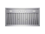 Underside view of Victory Q2 30 Inch Range Hood Insert with baffle filters, rotary knobs and LED lights