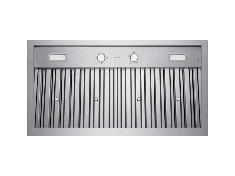 Underside view of Victory Q2 30 Inch Range Hood Insert with baffle filters, rotary knobs and LED lights
