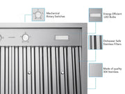 Feature detail showing mechanical rotary switches, LED light, dishwasher-safe baffle filters and stainless finish