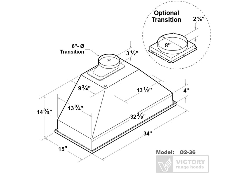 Dimensional diagram of the VICTORY Q2-36 showing 34" width, 15" depth, and interchangeable 6" or 8" round duct options