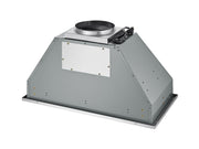 Rear view of the Victory Q2 36 inch 700 CFM range hood insert showing the top venting duct and electrical power cord connection.