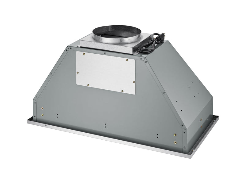 Rear view of the Victory Q2 36 inch 700 CFM range hood insert showing the top venting duct and electrical power cord connection.