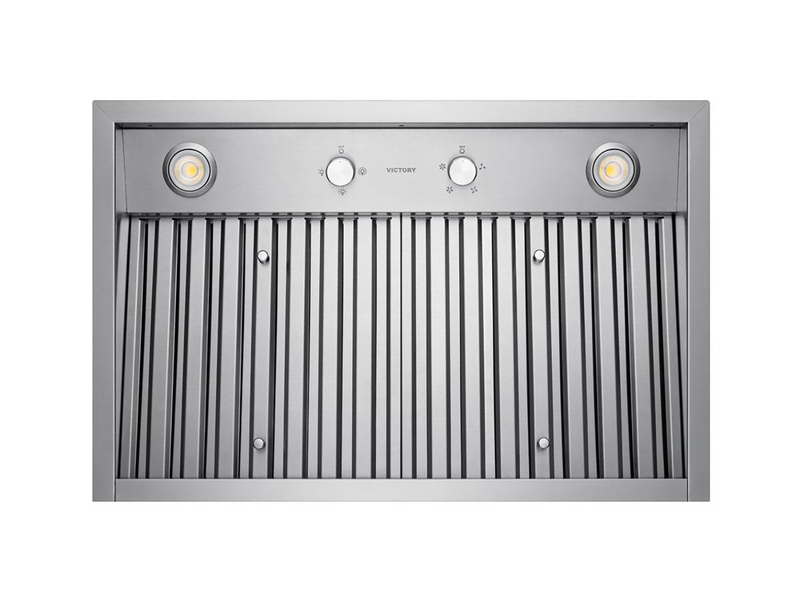 Underside view of the VICTORY Q5 showing the dual mechanical rotary switches, dimmable LED lights, and professional stainless steel baffle filters