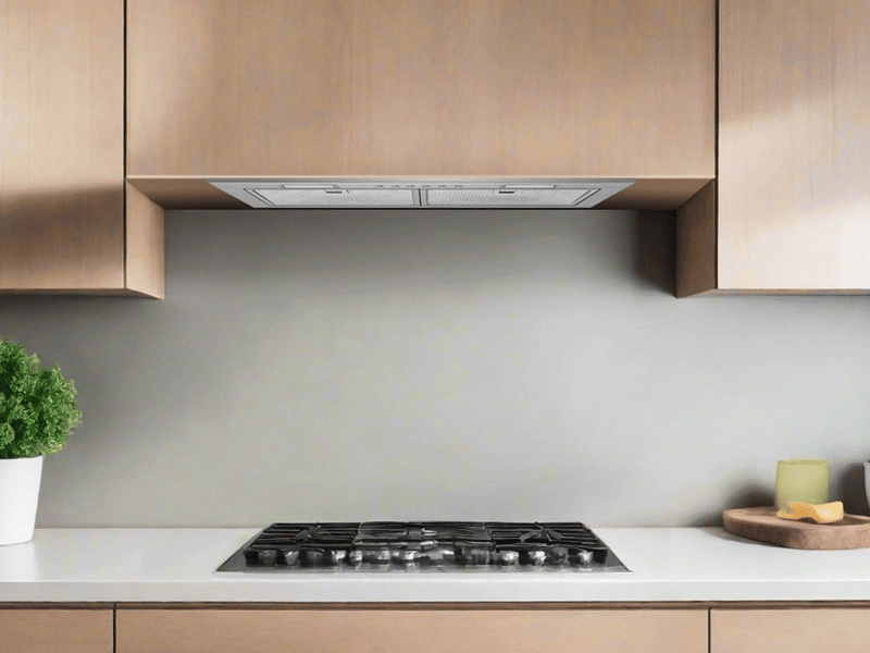 A professional installation of the Victory Q6 showing a flush mount fit inside custom kitchen cabinetry above a cooktop