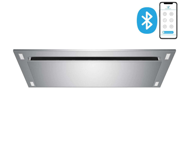 VICTORY Sunset stainless steel ceiling range hood showing Bluetooth app connectivity