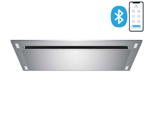 VICTORY Sunset stainless steel ceiling range hood showing Bluetooth app connectivity